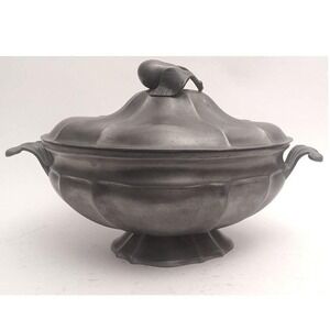 Antique Pewter Lidded Large Soup Tureen w/ Pear Finial Serving Bowl/Dish Italy